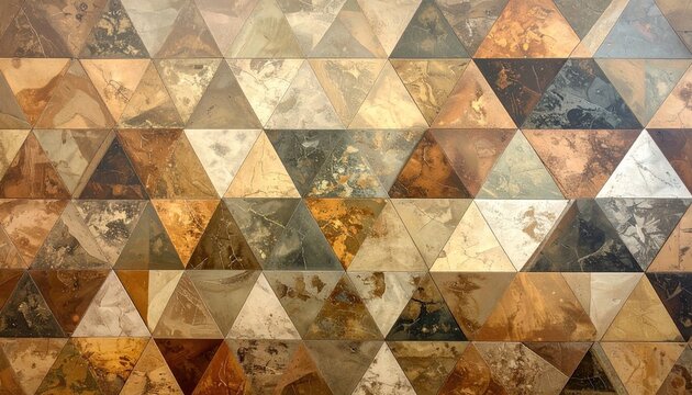 Abstract Geometric Triangle Pattern in Earth Tones A Striking Chevron Design with Metallic Sheen and Textured Surface Creates a Rustic and Modern Aesthetic