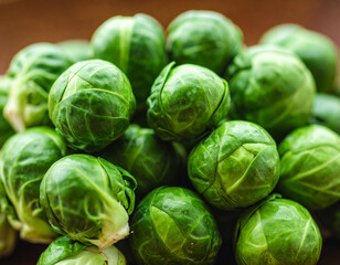 Fototapeta premium Fresh Green Brussels Sprouts Pile Close-Up on Brown Background, Healthy Food