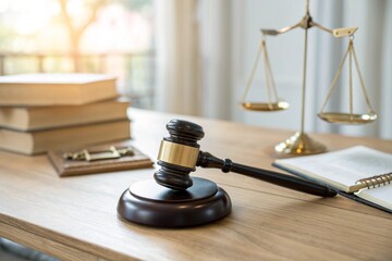 Wooden gavel, golden justice scales, and legal books beside laptop on office desk. Symbolizing law, courtroom judgement, lawyer services, contracts, legislation, corporate justice, online legal.