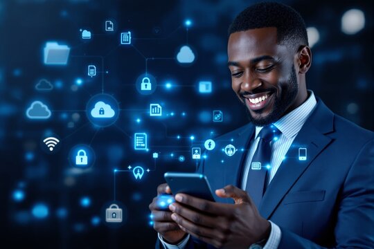 Smiling businessman using smartphone with digital cloud computing icons in futuristic technology interface concept on dark blue background. Ai generative
