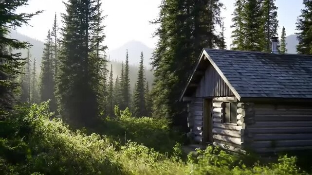 Rustic log cabin in a pine forest