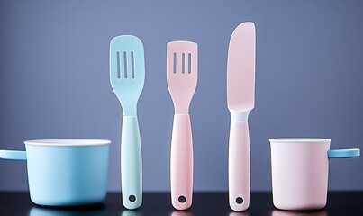 Colorful Kitchen Utensils and Cookware in Pastel Tones with Fun Polka Dot Background