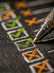 Close-up of a pen checking off tasks on a dark checklist