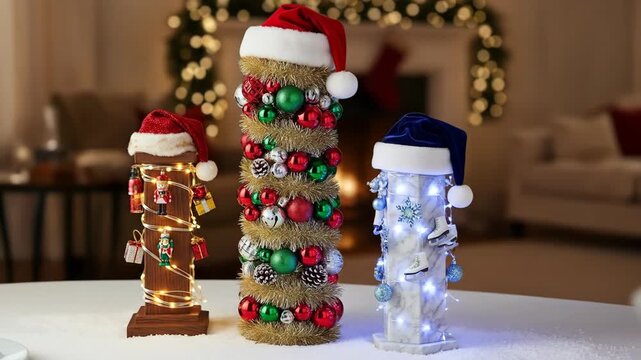 Festive holiday decorations with Santa hats on pillars, indoors