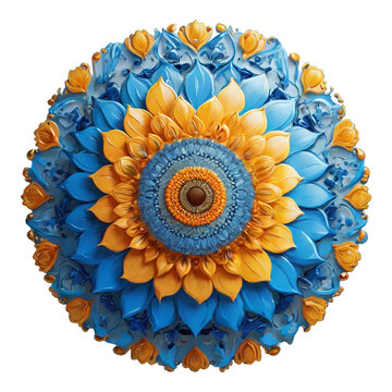 Blue and Yellow Mandala Flower with Textured Center on White Background orange