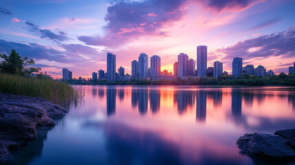 Fototapeta premium Vibrant City Skyline with Sunset Reflections on Water