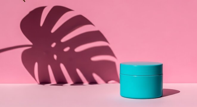 Turquoise Cosmetic Jar Mockup with Monstera Leaf Shadow on Vibrant Pink Background for Beauty Product Display