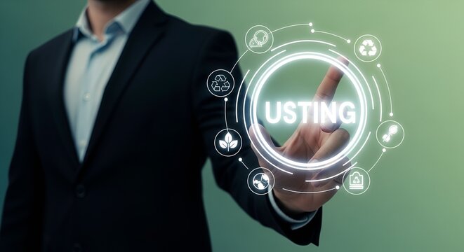 Businessman's hand touches glowing circle with 'USTING' and eco icons, representing sustainability goals