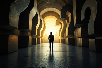 Businessman standing in corridor of giant question marks facing sunrise cityscape, symbolizing decision-making and future vision concept. Ai generative