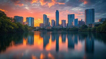 Fototapeta premium City Skyline Reflected in Lake at Sunset