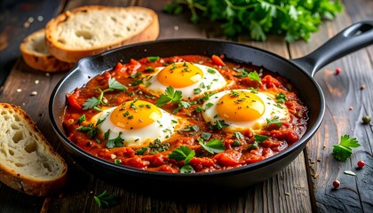 Homemade traditional shakshuka, a savory Middle Eastern breakfast dish with poached eggs in a delicious tomato and pepper sauce