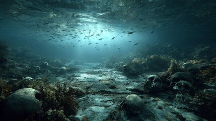 Fototapeta premium Honduran seabed contaminated by oil with dark polluted water, visible oil layers and ecological damage highlighting ocean pollution impact