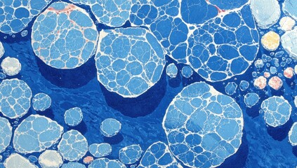 Abstract marbled pattern with blue, white, and pink circles