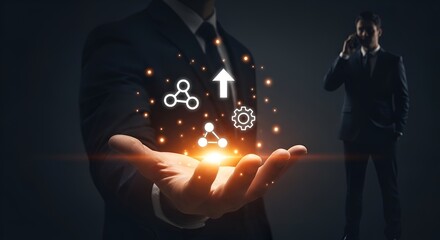 Confident businessman presenting innovative digital strategy with glowing abstract network and upward growth arrow