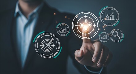 Professional strategist touching futuristic interface for data analysis and target achievement in modern business