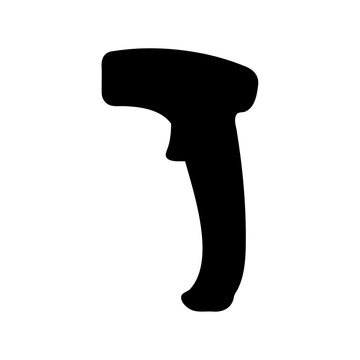 A black silhouette illustration of a handheld barcode scanner typically used in retail