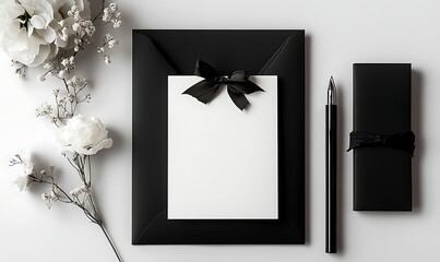 Elegant Black and White Stationery Mockup with Flowers, Pen, and Gift Box in Minimalist Flat Lay