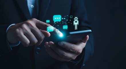 Business professional interacting with AI chatbot technology on smartphone for seamless communication and automation