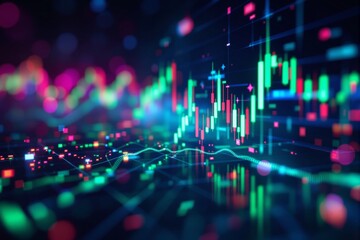 Futuristic digital financial chart with glowing candlesticks and data points on a dark background illustrating business analytics concept. Ai generative