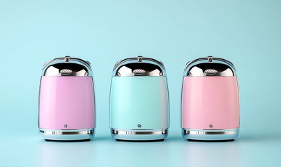 Pastel Colored Modern Kitchen Appliances on Blue Background in Minimalist Composition