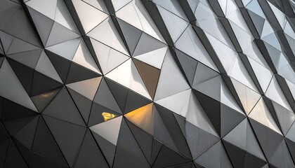 Modern building facade with a repeating pattern of geometric, metallic triangles catching light and creating shadows