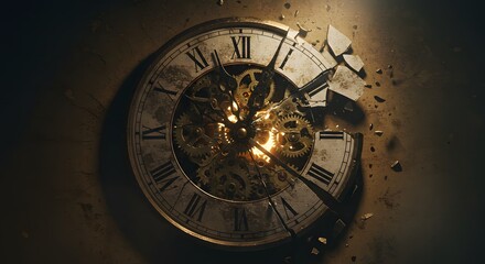 Obraz premium A cracked clock glowing with broken gears, symbol of time lost.