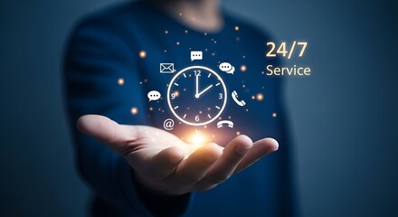 Reliable 24/7 service with communication icons and clock in hand, offering constant support.