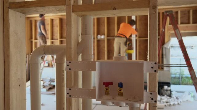 Construction plumbing system installation. Newly installed plumbing manifold with PVC pipes and 2 valves inside. Wooden frame work during residential building construction.