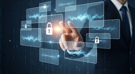 Businessman interacting with secure digital interface displaying data streams and lock icons for cybersecurity