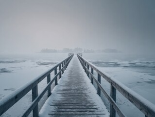 Obraz premium A Foggy Frozen Lake with a Minimalist Snowy Pier