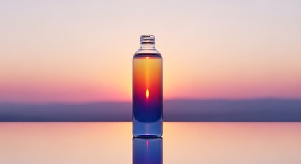 Gradient Hue Bottle Mockup Against a Radiant Sunset Over Water, Elegant Cosmetic or Beverage Display