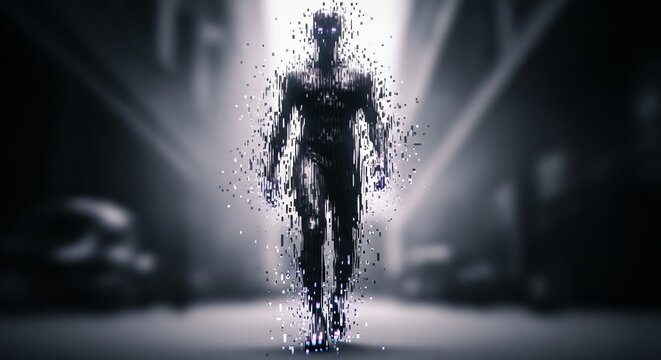 A digital male figure emerging through a pixelated effect in a dark alley.