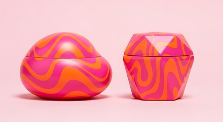 Varied Shaped Decorative Jars with Wavy Pink and Orange Abstract Pattern on Pastel Pink Background