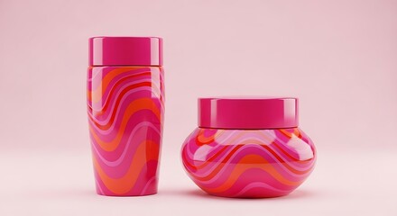 Set of Cosmetic Bottle and Jar with Wavy Pink and Orange Abstract Pattern on Soft Pink Background