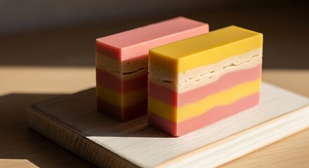 Two Artisan Layered Pink and Yellow Handmade Soap Bars with Textured Middle on Wooden Surface