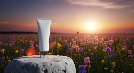 White Blank Cosmetic Tube Mockup on Rock in Wildflower Field at Sunset, Natural Skincare Concept
