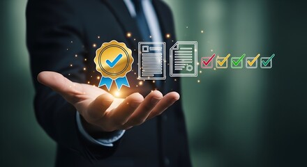 Achieve excellence with a golden seal of approval and verified checklist symbols