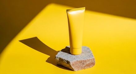 Minimalist Yellow Cosmetic Tube Mockup on Textured Rock with Dramatic Light and Shadow on Yellow Background