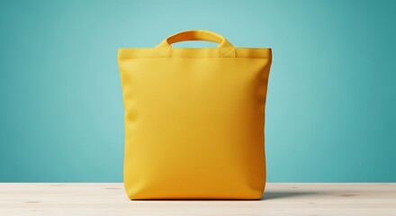 Blank Yellow Reusable Tote Bag Mockup on Wooden Table with Teal Background for Eco-Friendly Branding