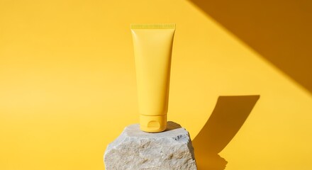 Bright Yellow Cosmetic Tube Mockup on Natural Stone with Strong Sun Shadows and Vibrant Yellow Background