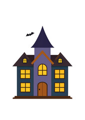 Scary Halloween house with bats flying on the roof
