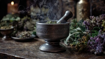 Pewter mortar and pestle with magical herbs. Luxurious spooky background with atmospheric smoke