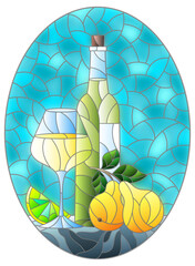 Illustration in the style of a stained glass window with a still life, a bottle of white wine, a glass and fruit on a blue background, oval image