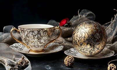 Elegant Vintage Teacup and Saucer with Ornate Gold Ornament in Luxurious Festive Still Life Setting