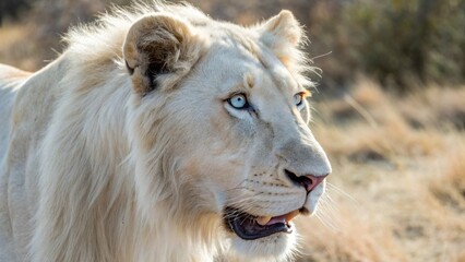 Obraz premium Close Up of Albino Lion with Blue Eyes and White Mane in Wildlife Habitat
