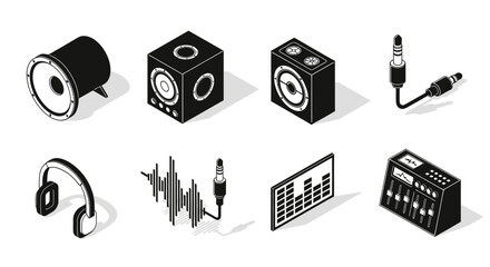An isometric icon set of audio and music production equipment in a monochrome line art style