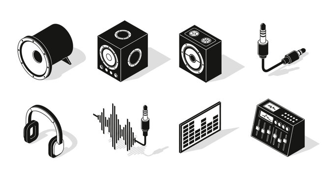 An isometric icon set of audio and music production equipment in a monochrome line art style
