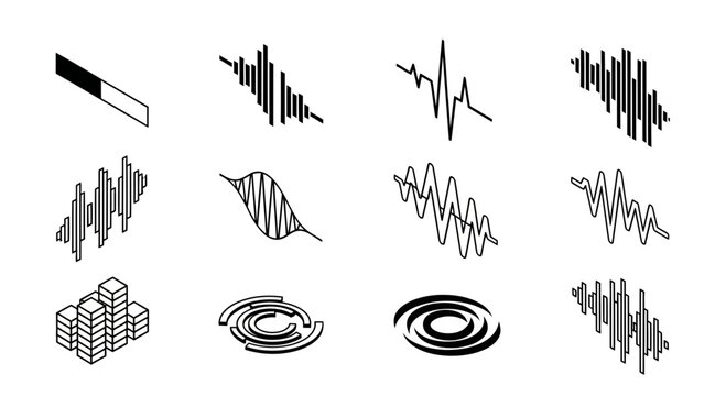 Collection of eight isometric icons representing audio waveforms and sound visualizations