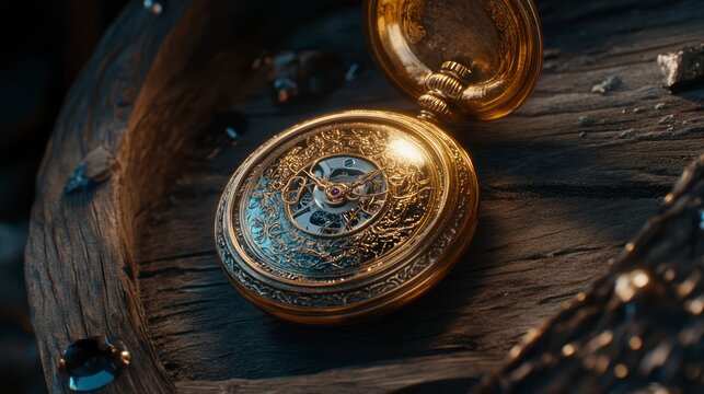 Antique pocket watch on rustic wooden surface