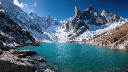 Obraz premium An Epic Panorama of a Turquoise Lake and Jagged Mountains